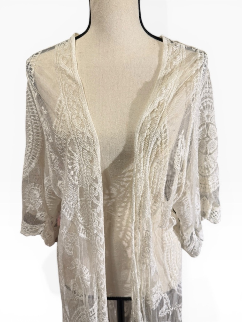 Sheer Lace Long Duster in Eggshell - Picture 2 of 6